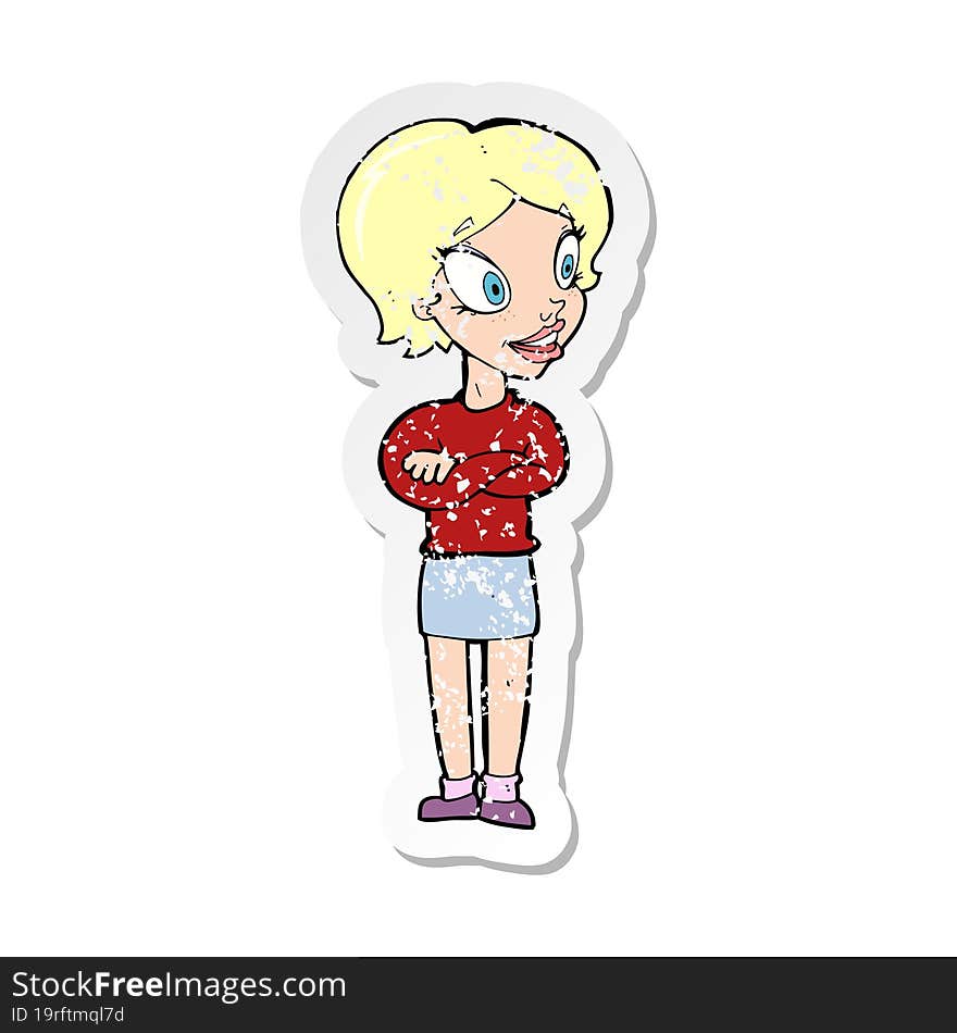 retro distressed sticker of a cartoon pretty woman