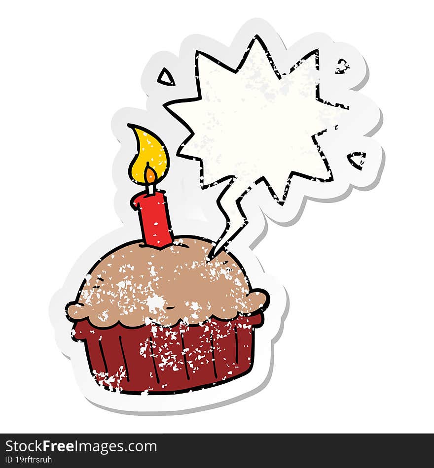 cartoon birthday cupcake and speech bubble distressed sticker