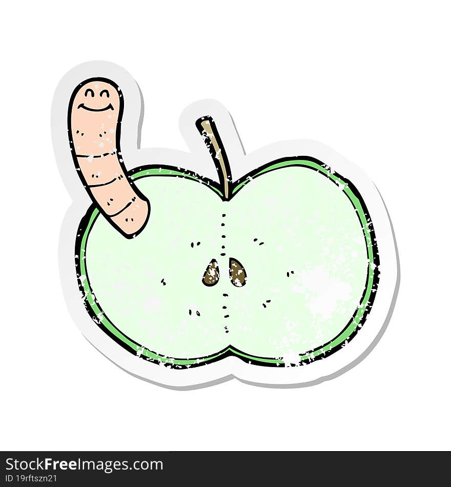 retro distressed sticker of a cartoon apple with worm