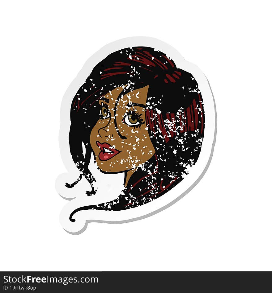 retro distressed sticker of a cartoon pretty female face