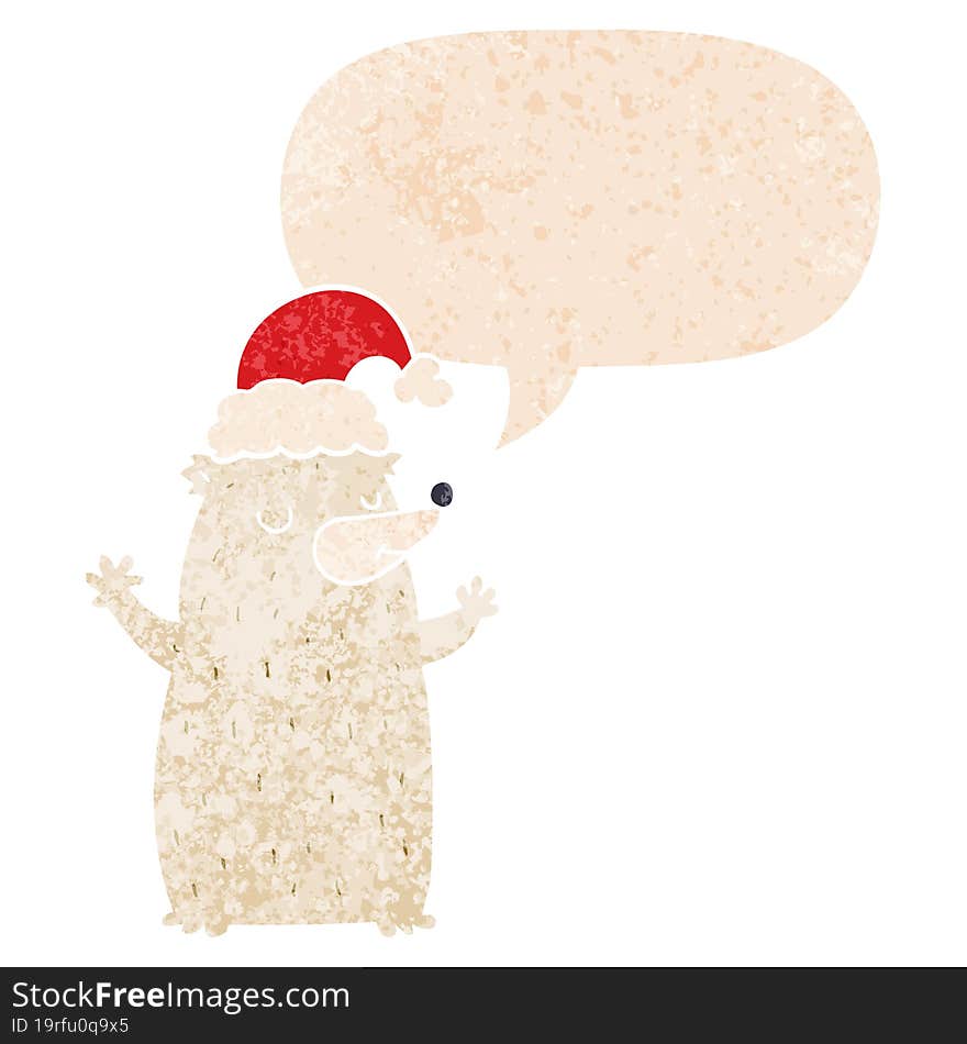 cute cartoon christmas bear and speech bubble in retro textured style