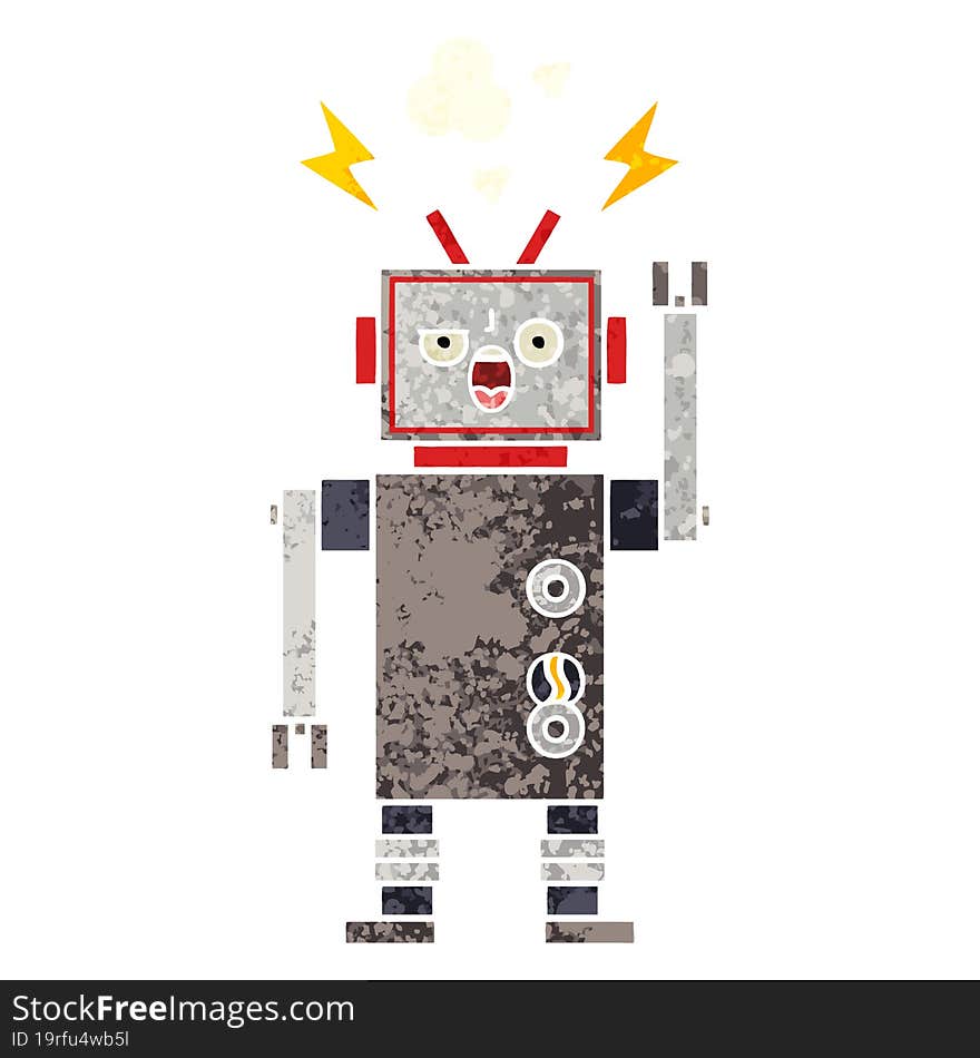 retro illustration style cartoon broken robot