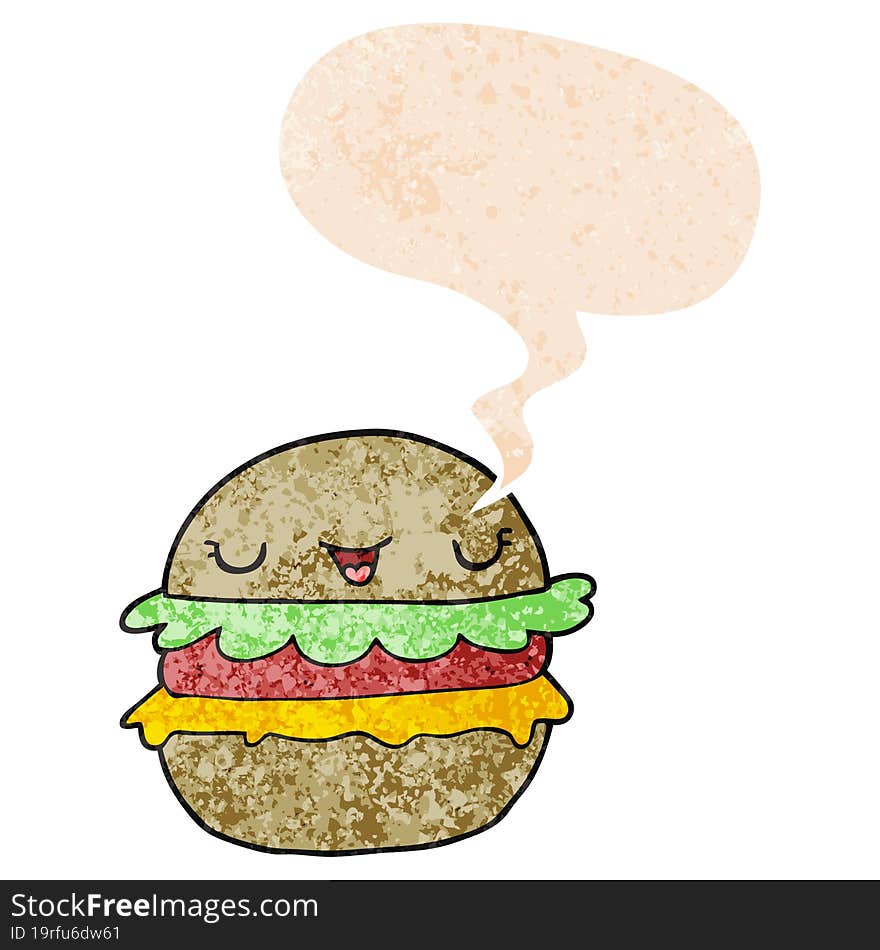 Cartoon Burger And Speech Bubble In Retro Textured Style