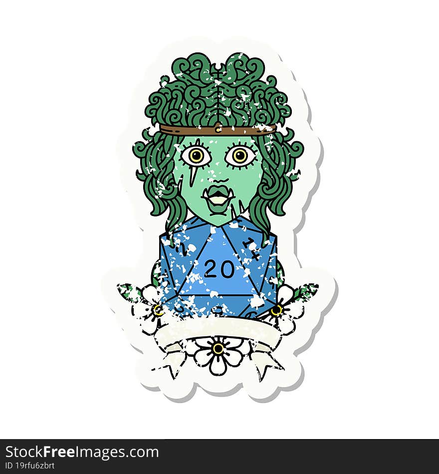 half orc barbarian character with natural 20 dice roll grunge sticker