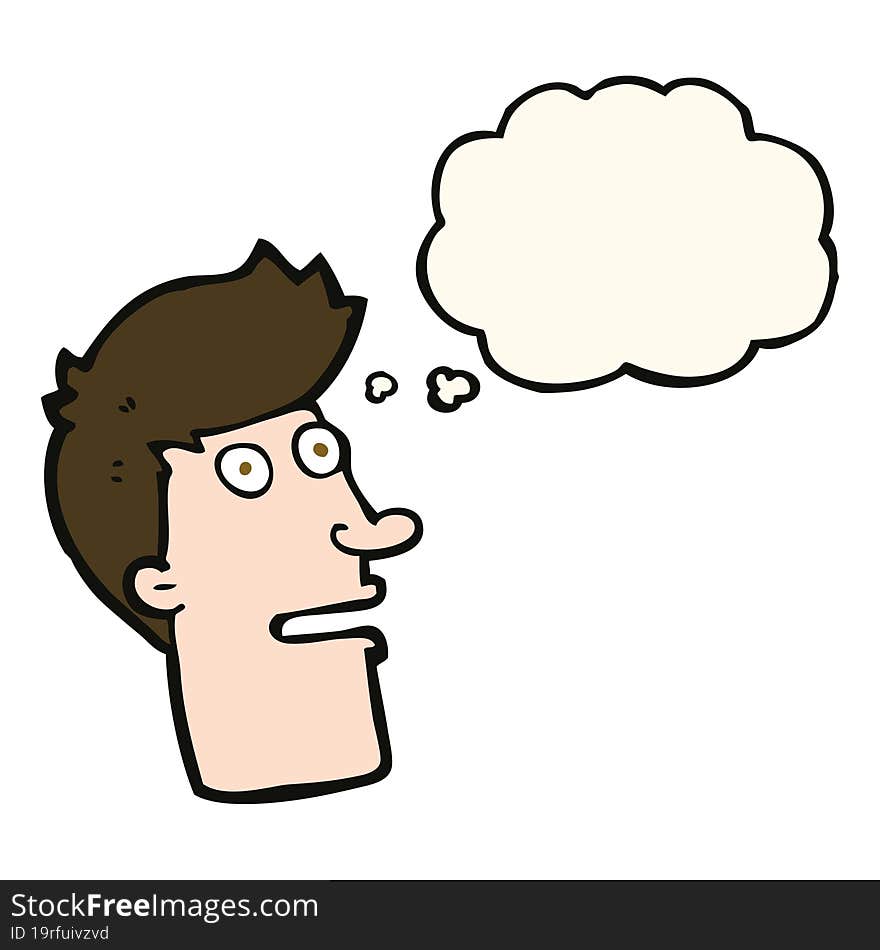 cartoon shocked male face with thought bubble