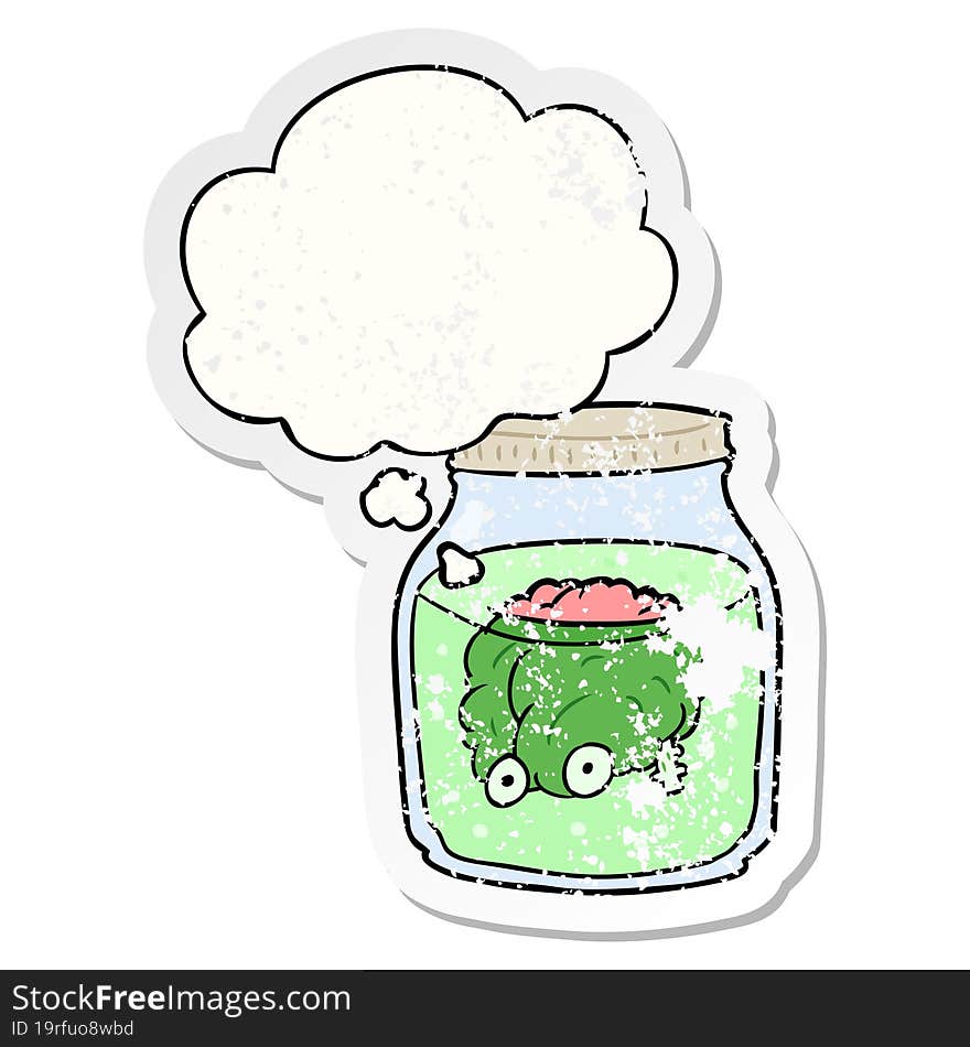 cartoon spooky brain in jar and thought bubble as a distressed worn sticker