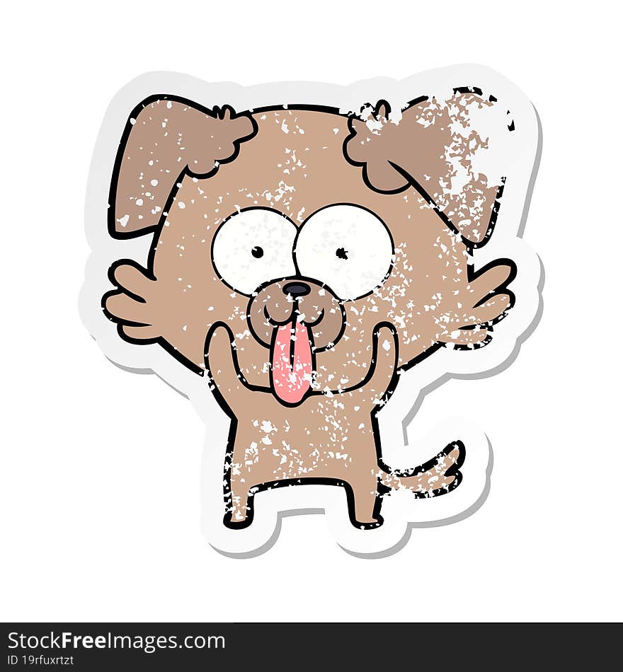 distressed sticker of a cartoon dog with tongue sticking out