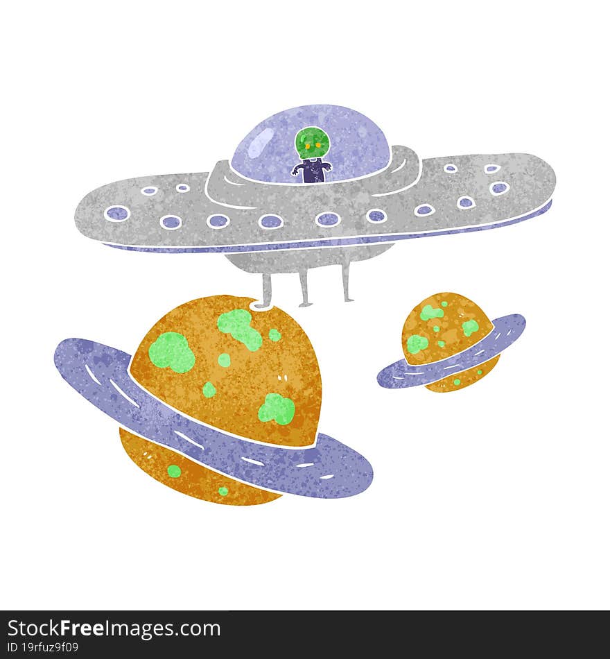 retro cartoon flying saucer in space