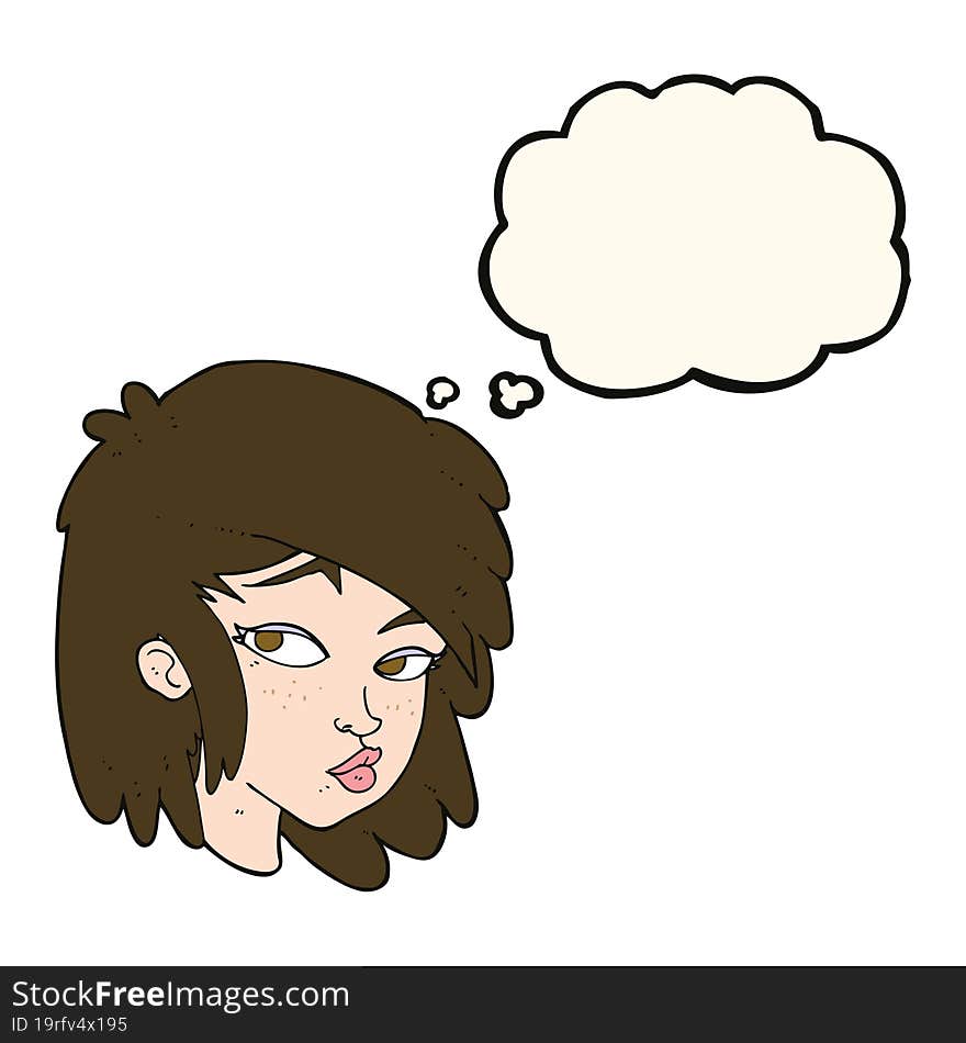 cartoon curious woman with thought bubble