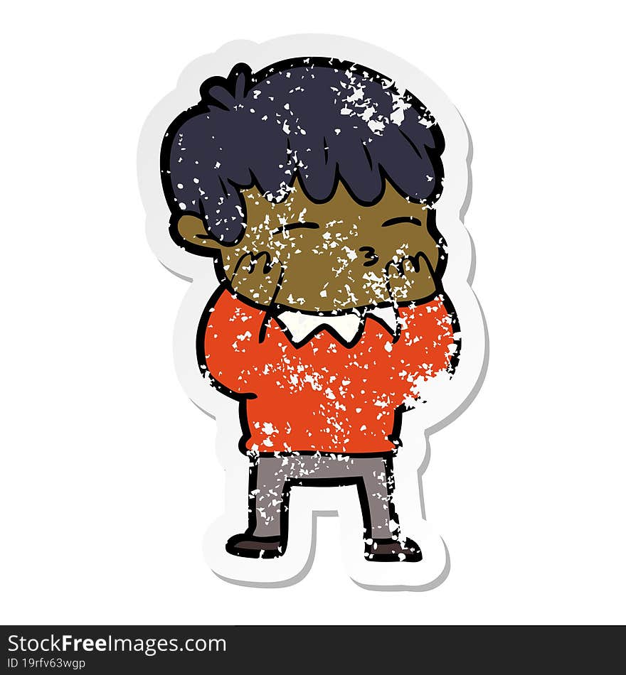 distressed sticker of a cartoon curious boy