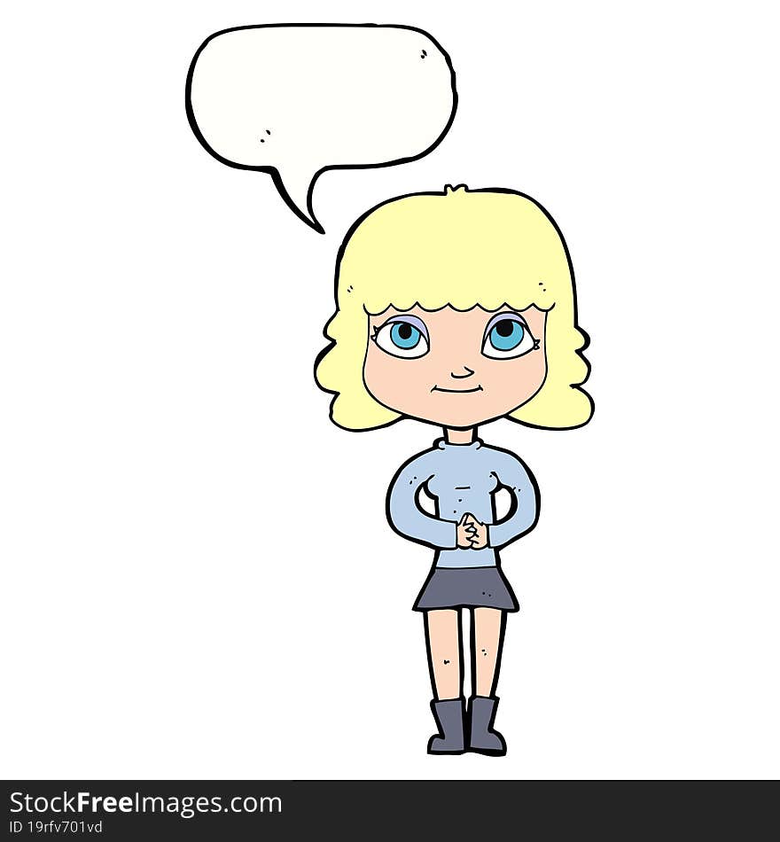 cartoon happy woman with speech bubble