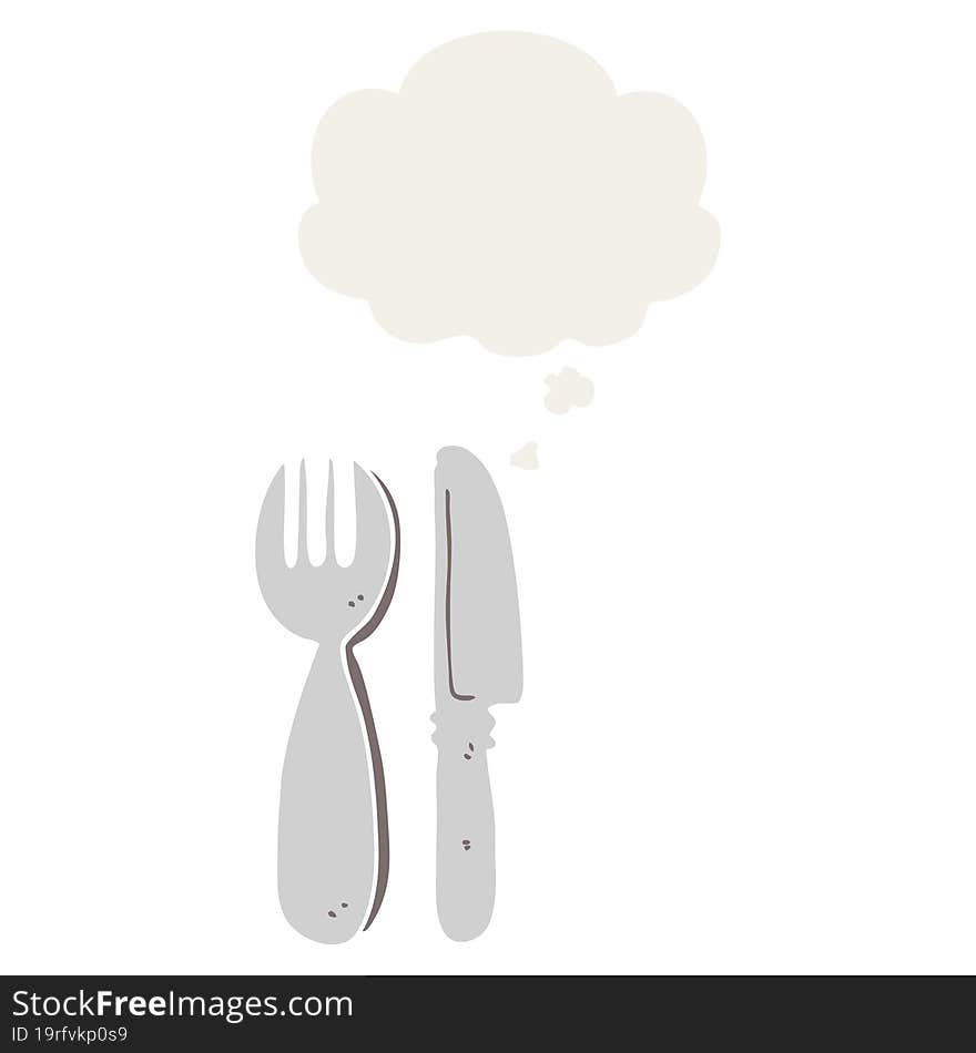 cartoon knife and fork and thought bubble in retro style