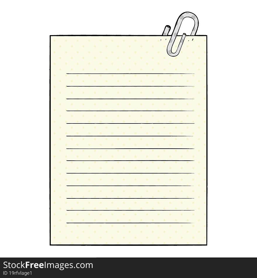 cartoon lined paper with paperclip. cartoon lined paper with paperclip