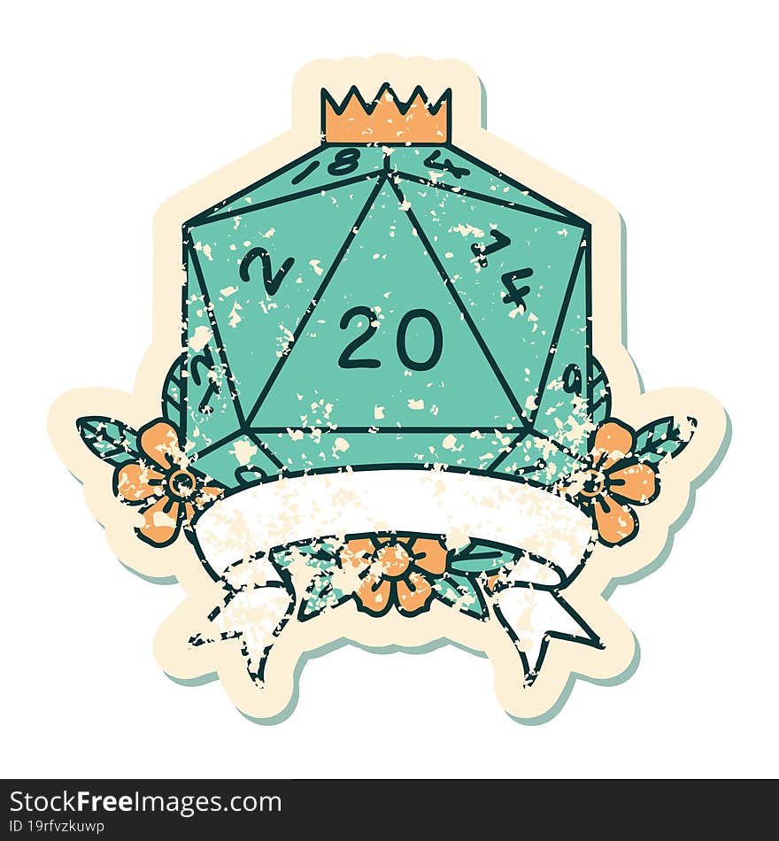 Retro Tattoo Style natural 20 critical hit D20 dice roll. Retro Tattoo Style natural 20 critical hit D20 dice roll