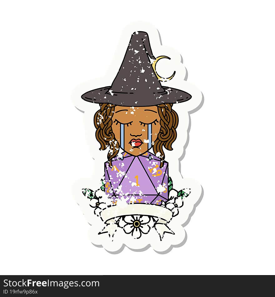 Retro Tattoo Style crying human witch with natural one roll. Retro Tattoo Style crying human witch with natural one roll