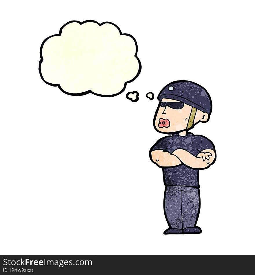 cartoon security guard with thought bubble