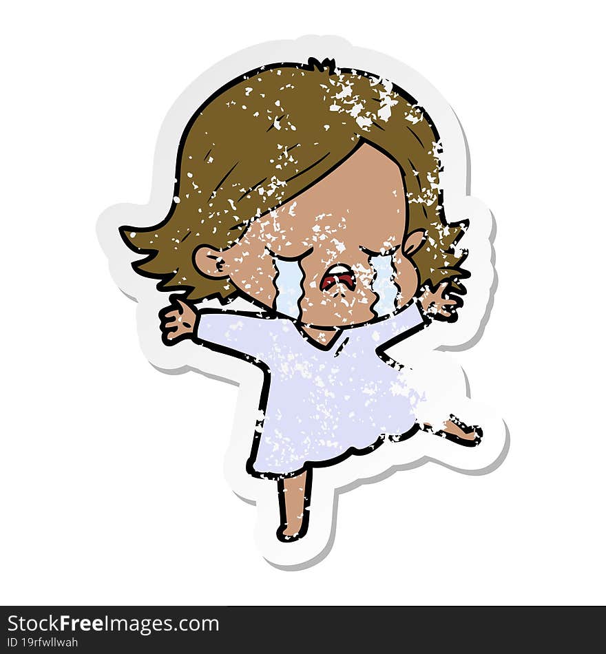 distressed sticker of a cartoon girl crying