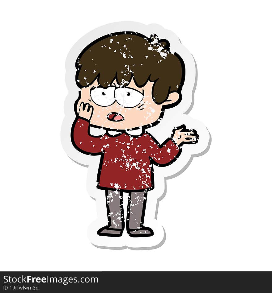 distressed sticker of a cartoon exhausted boy