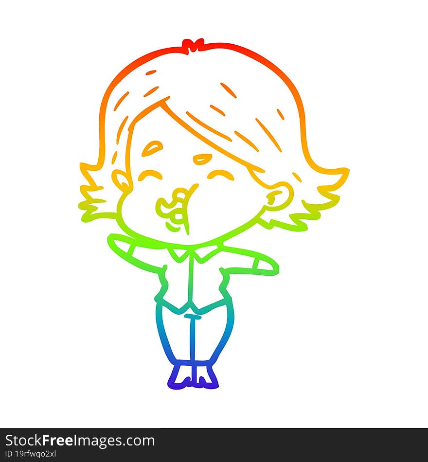 Rainbow Gradient Line Drawing Cartoon Girl Pulling Face