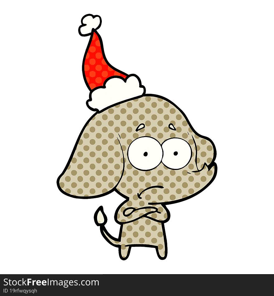 comic book style illustration of a unsure elephant wearing santa hat