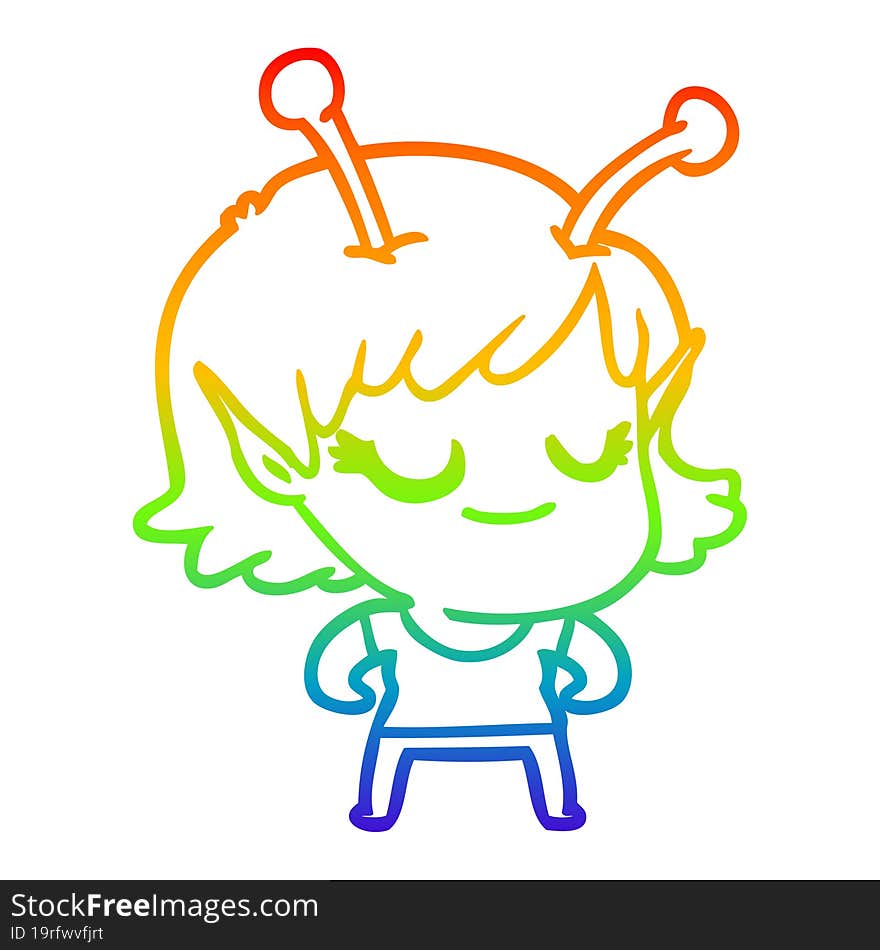 rainbow gradient line drawing smiling alien girl cartoon