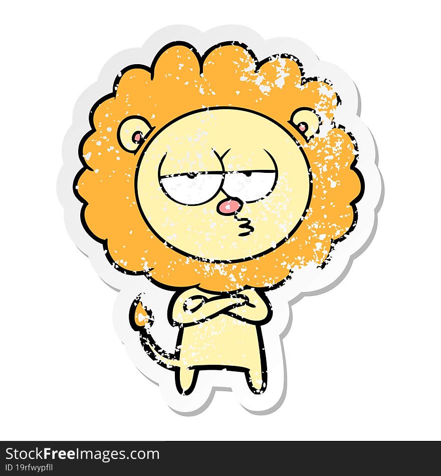 distressed sticker of a cartoon bored lion