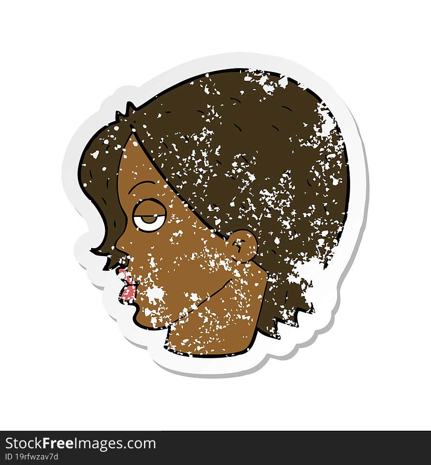 retro distressed sticker of a cartoon woman raising eyebrow