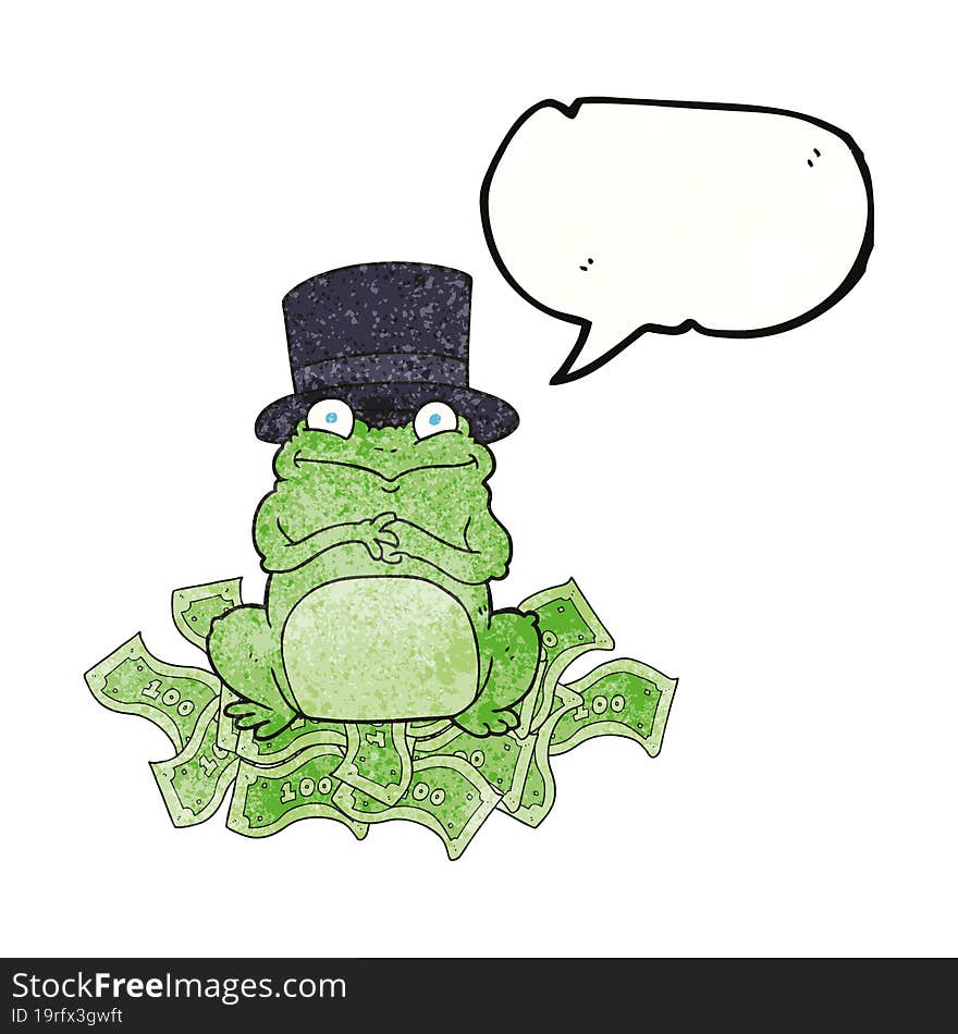 freehand speech bubble textured cartoon rich frog in top hat