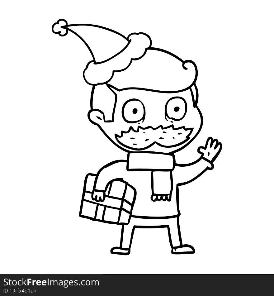 line drawing of a man with mustache and christmas present wearing santa hat