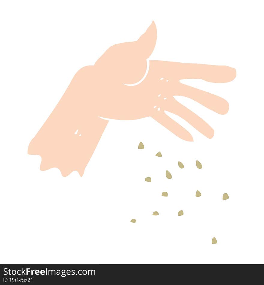 flat color illustration of a cartoon hand spreading seeds