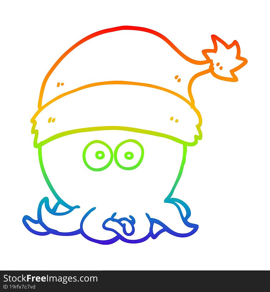 rainbow gradient line drawing cartoon octopus wearing christmas hat