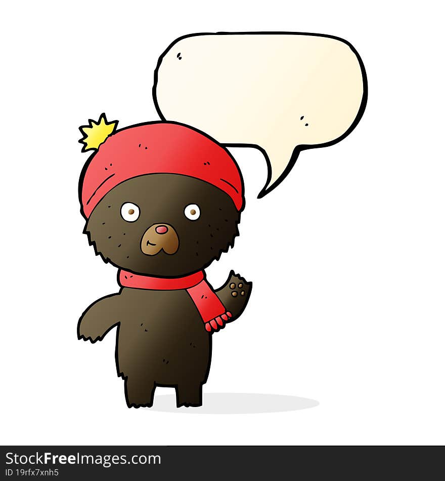 cartoon waving black bear with speech bubble