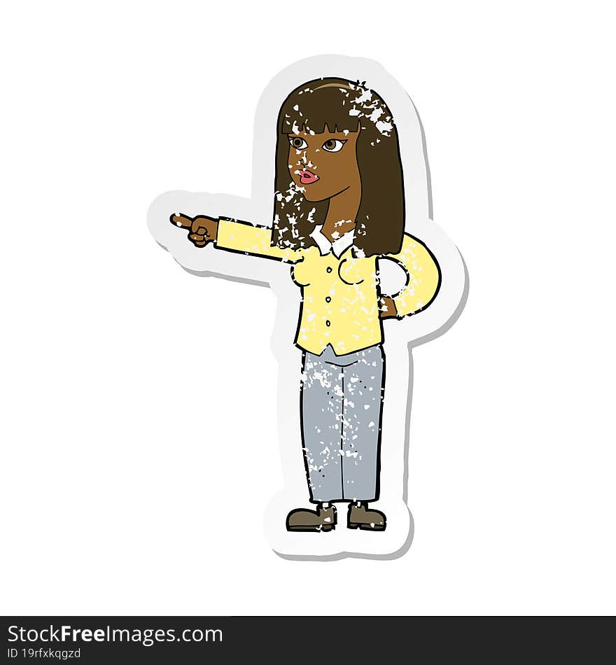 retro distressed sticker of a cartoon pretty woman pointing