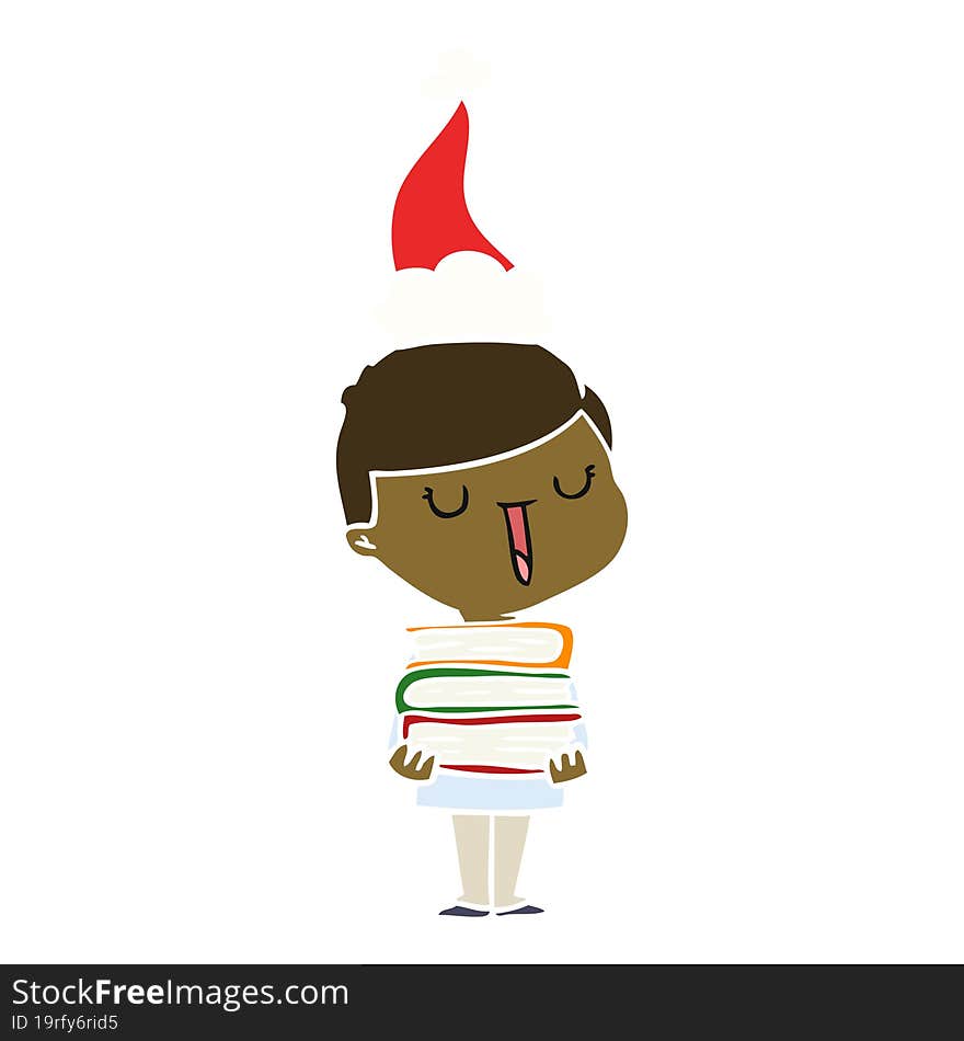 flat color illustration of a happy boy with stack of books wearing santa hat