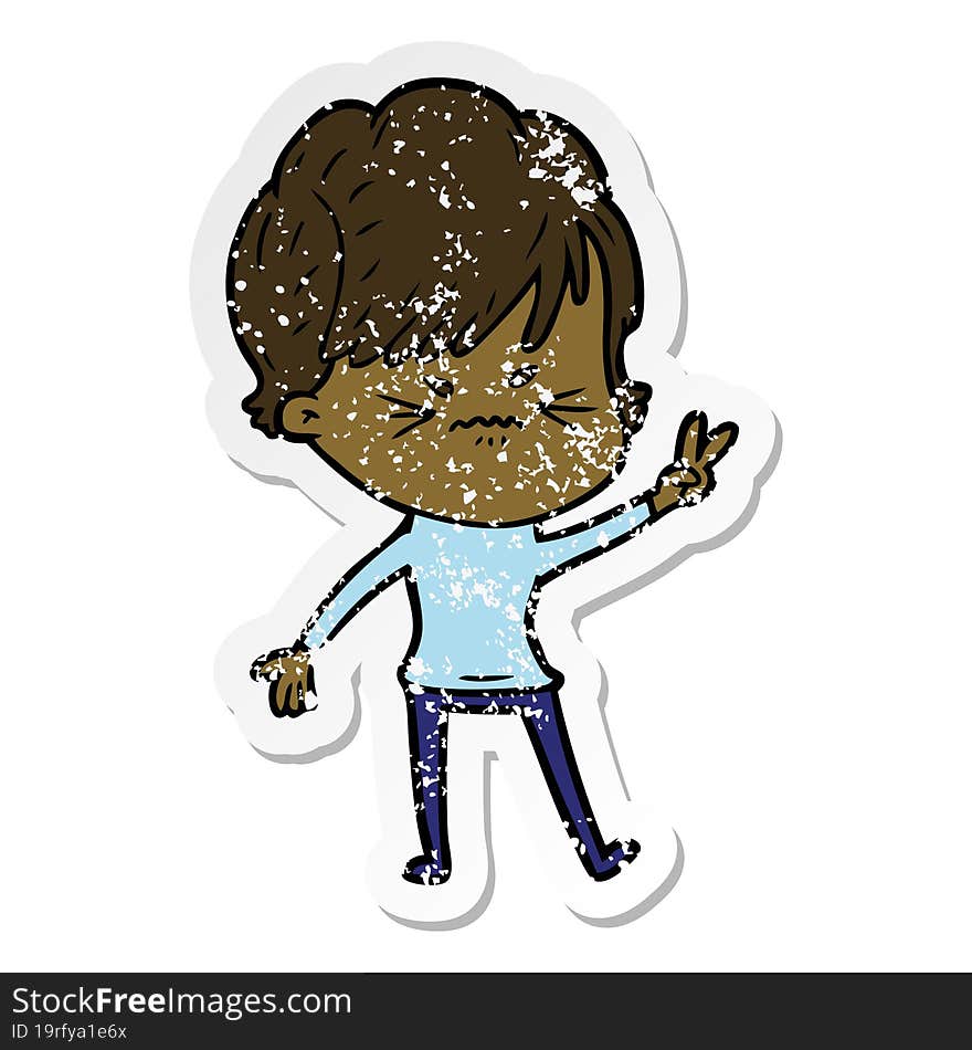 Distressed Sticker Of A Cartoon Frustrated Woman