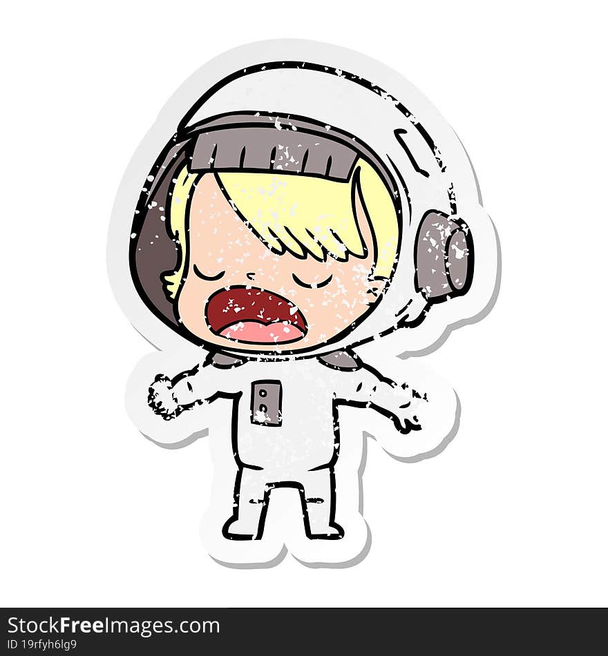 distressed sticker of a cartoon talking astronaut