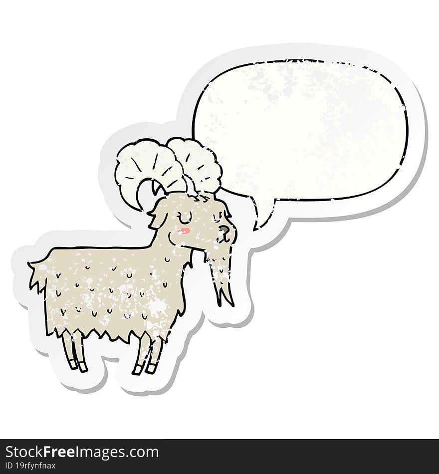 cartoon goat with speech bubble distressed distressed old sticker. cartoon goat with speech bubble distressed distressed old sticker