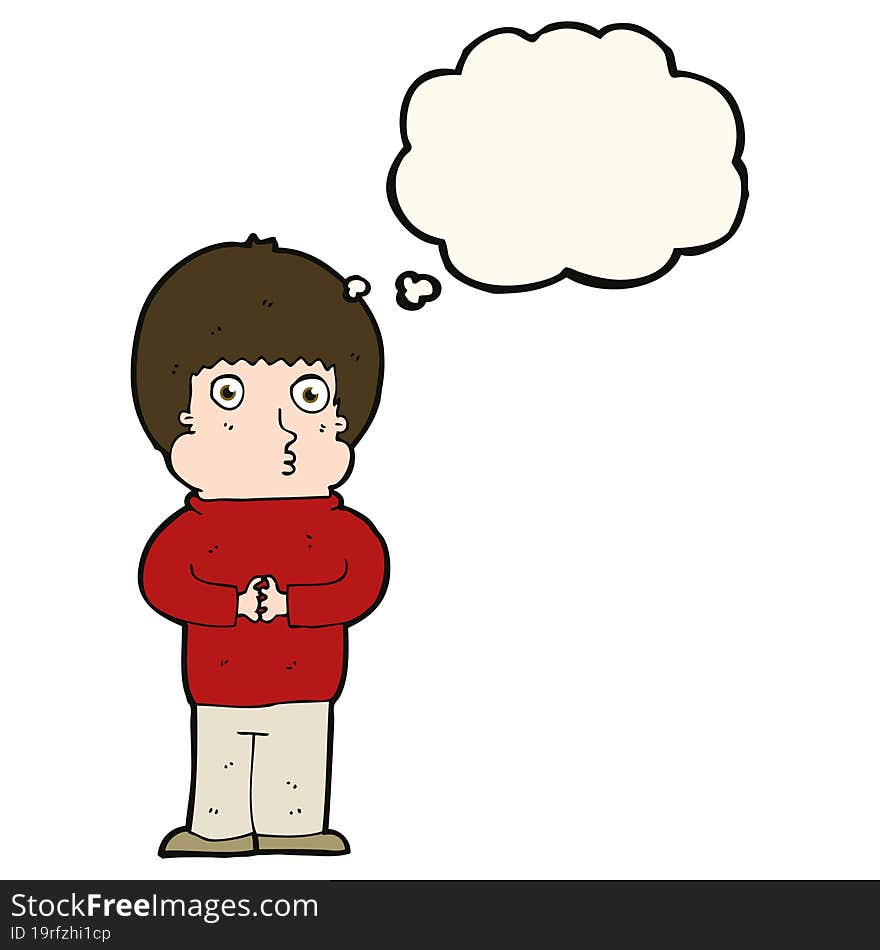 cartoon shy boy with thought bubble