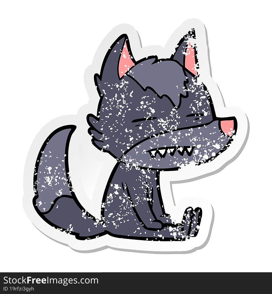 distressed sticker of a cartoon sitting  wolf showing teeth