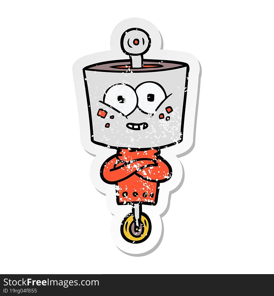 Distressed Sticker Of A Happy Cartoon Robot