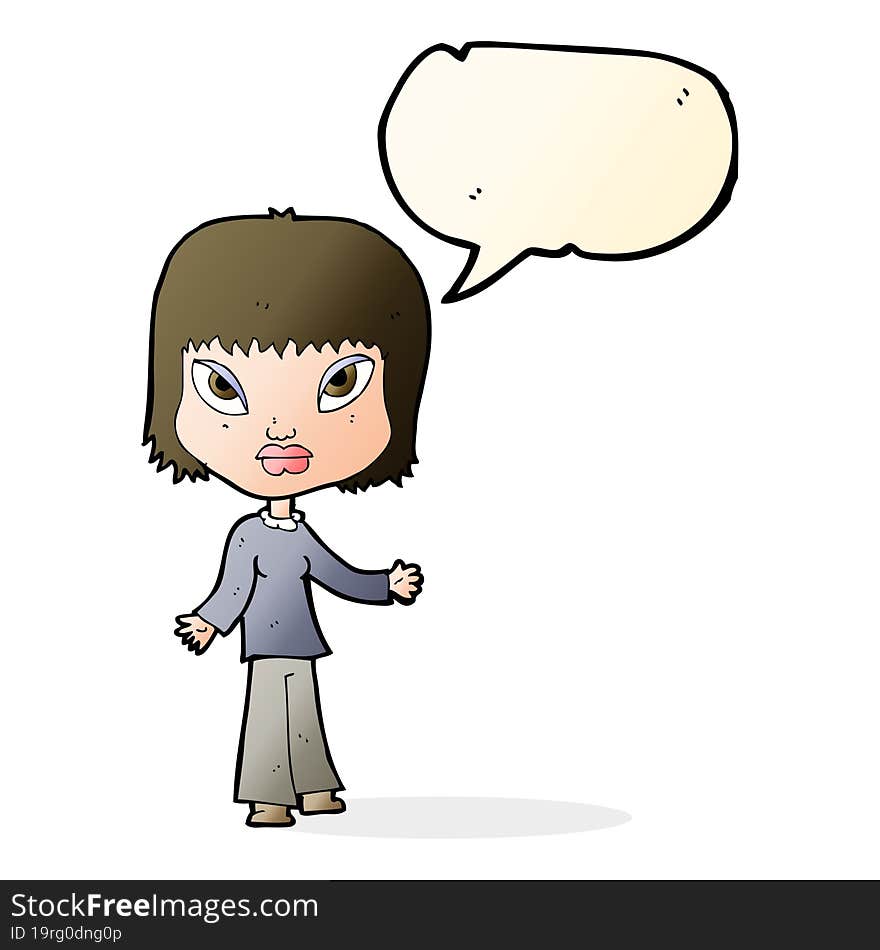 cartoon woman with open arms with speech bubble