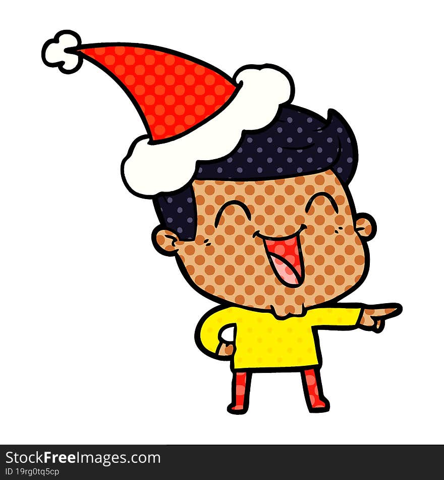 comic book style illustration of a man laughing wearing santa hat