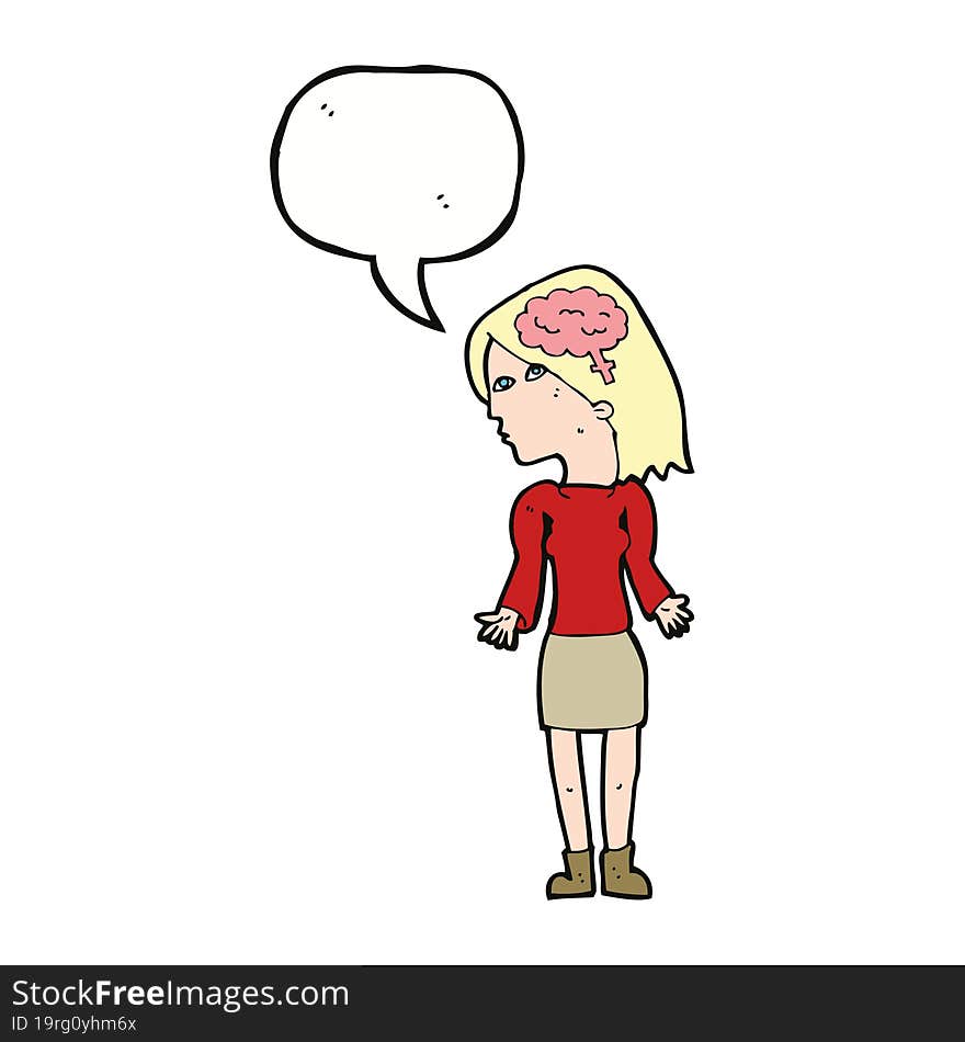 cartoon clever woman shrugging shoulders with speech bubble