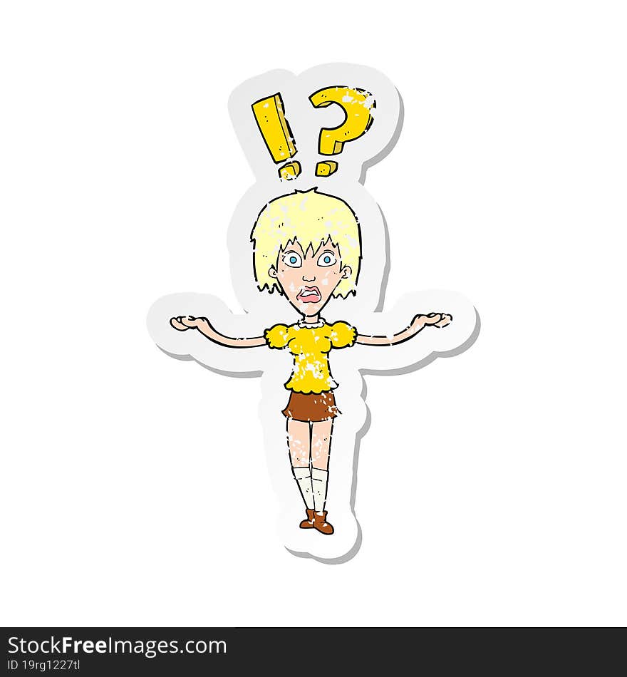 Retro Distressed Sticker Of A Cartoon Woman Asking Question