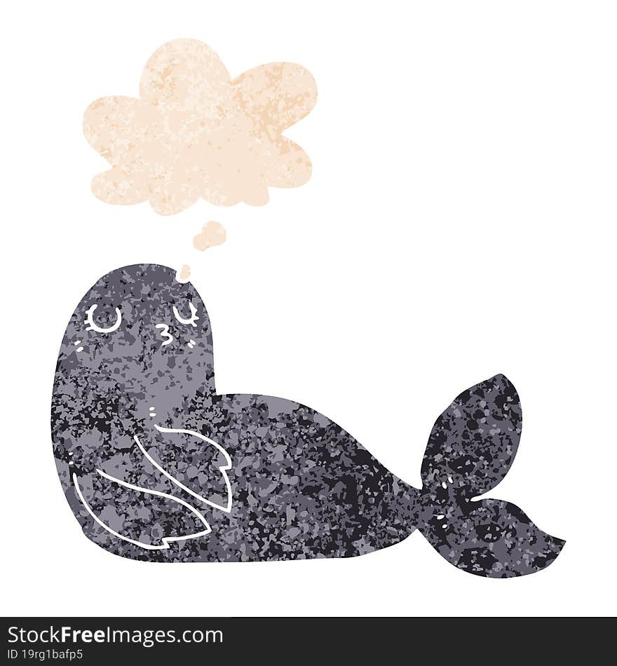 cartoon seal and thought bubble in retro textured style