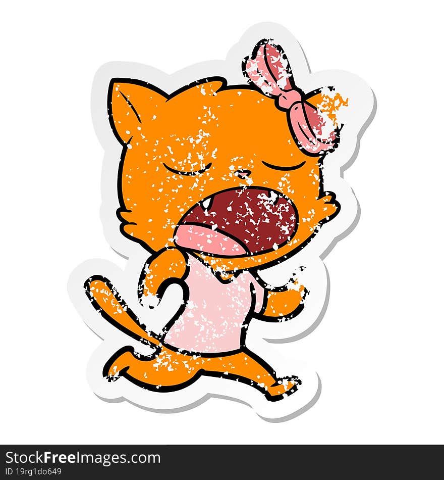 Distressed Sticker Of A Cartoon Yawning Cat