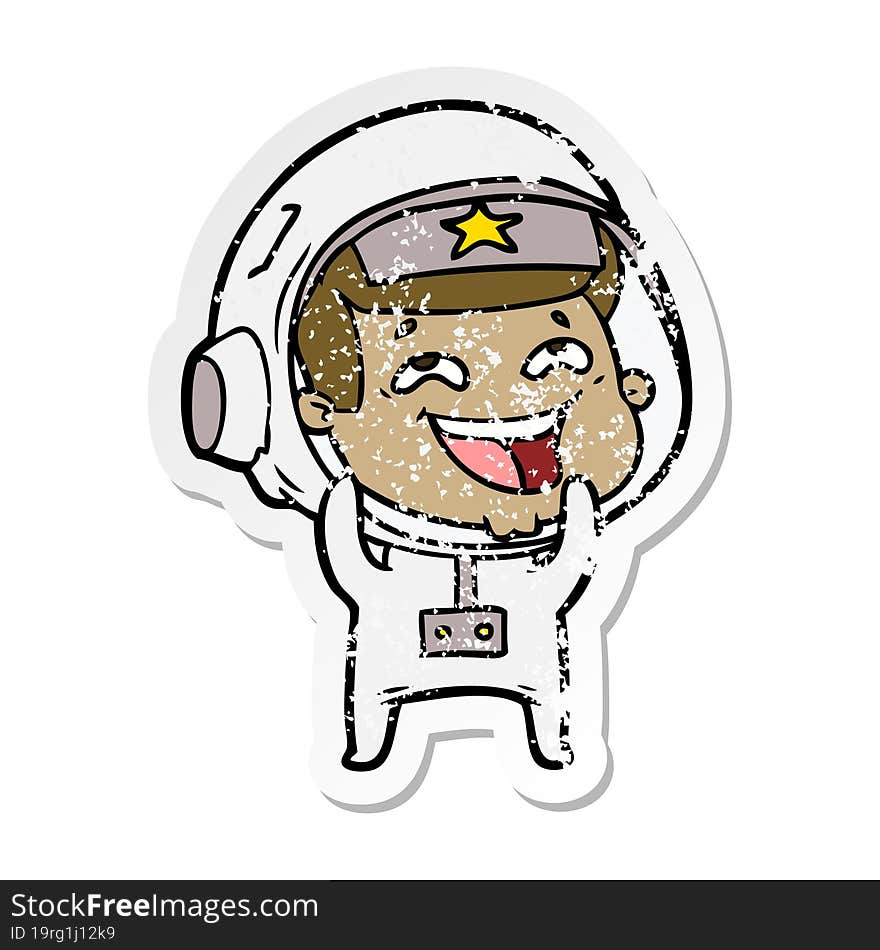 distressed sticker of a cartoon laughing astronaut