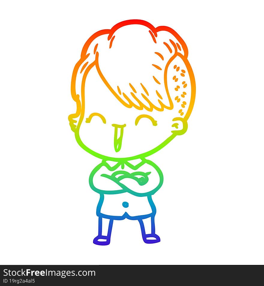 Rainbow Gradient Line Drawing Cartoon Happy Hipster Girl