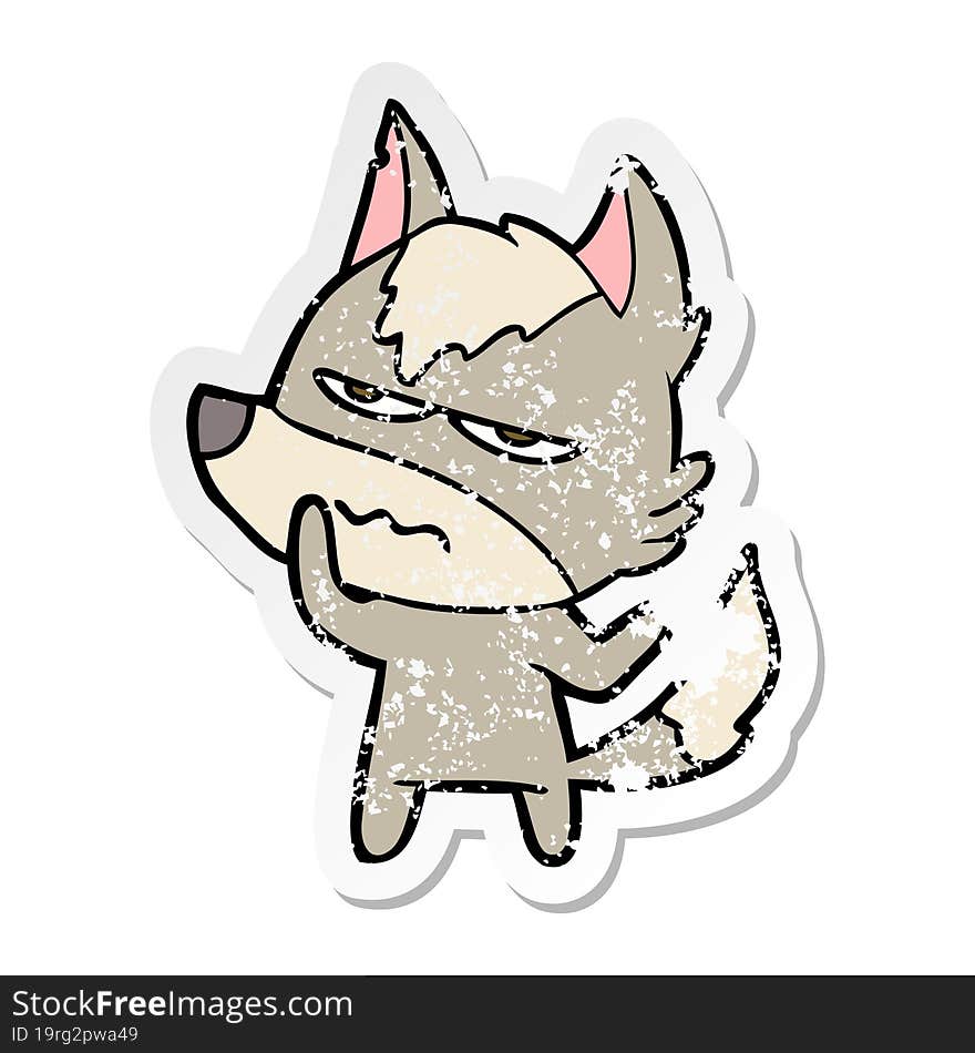 distressed sticker of a cartoon annoyed wolf