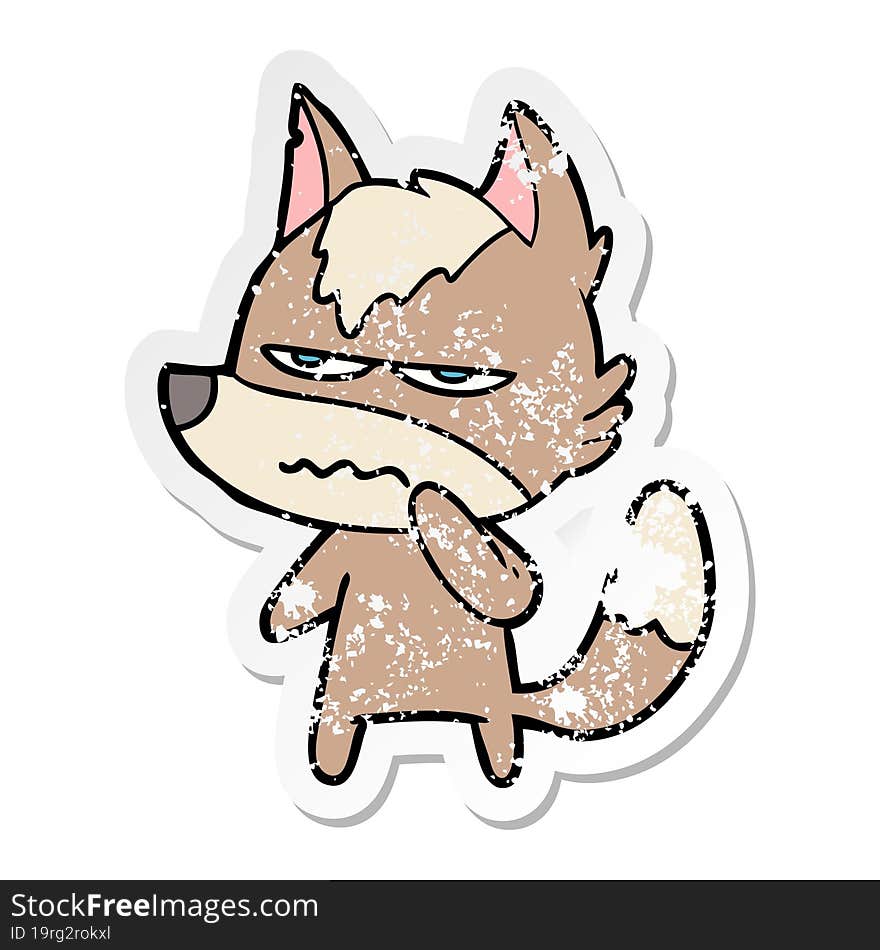 Distressed Sticker Of A Cartoon Annoyed Wolf